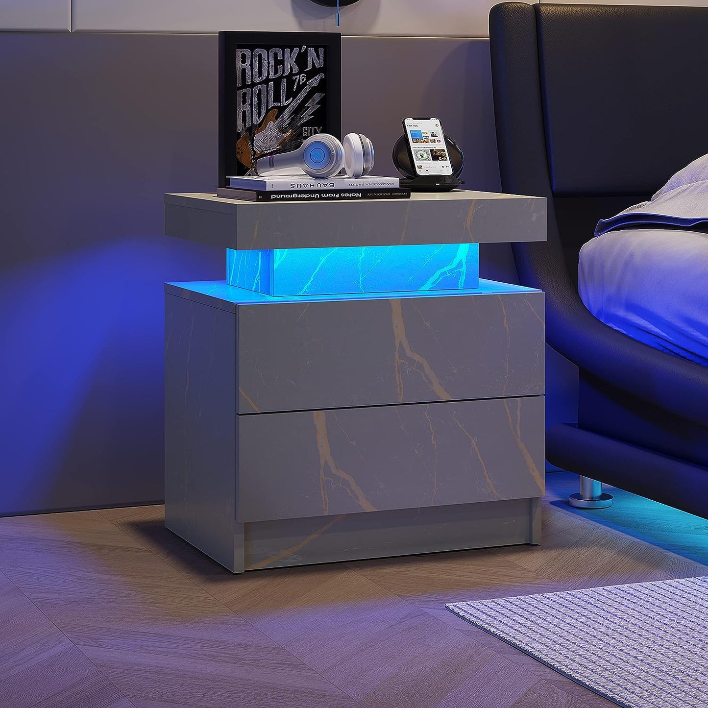 Gray marble nightstand with blue LED light