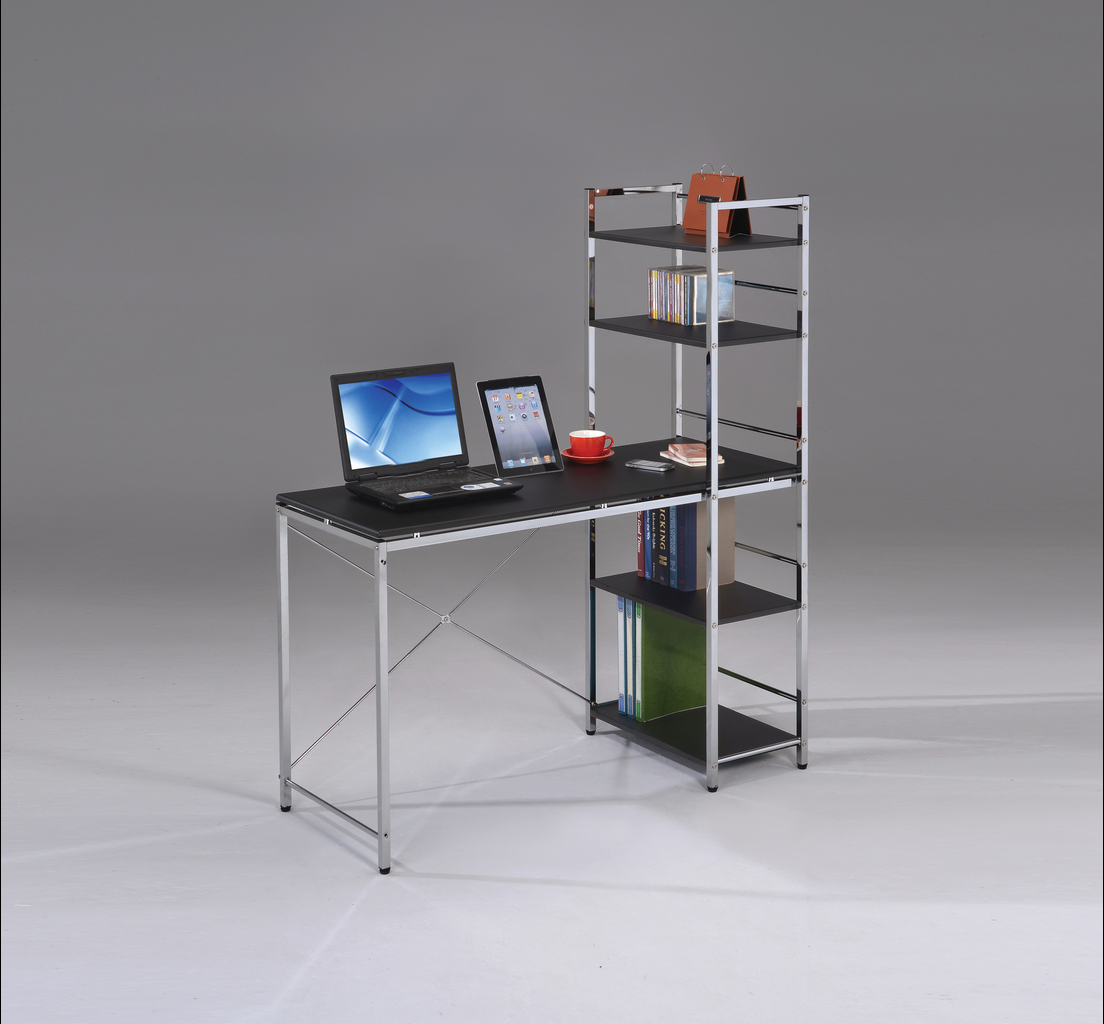 Black modern desk with chrome frame and integrated shelving unit