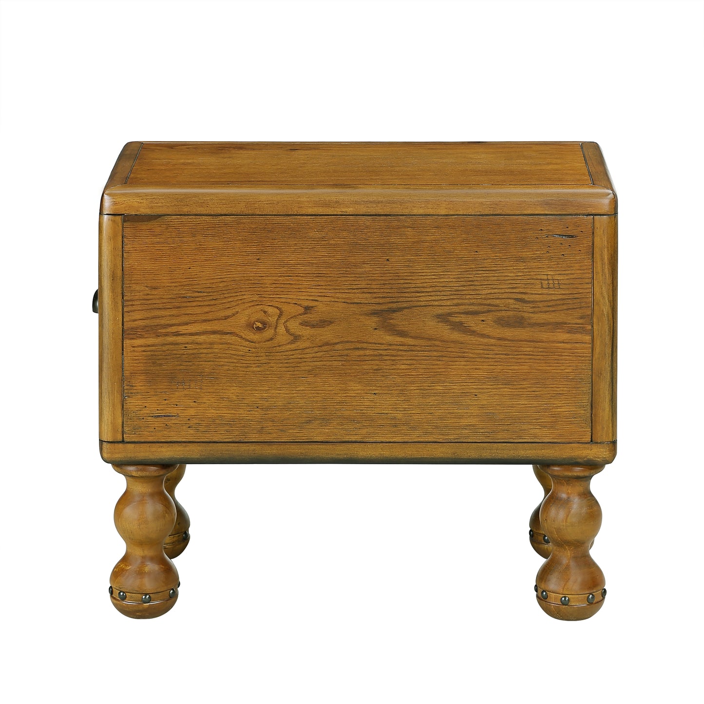 Rustic oak wood nightstand with turned legs