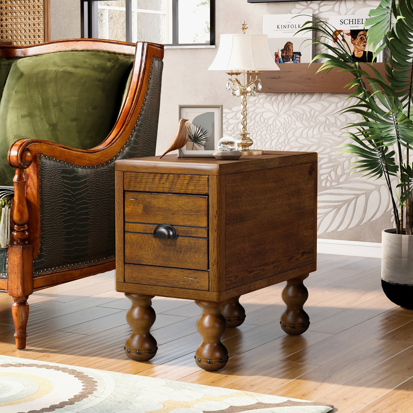 Rustic oak end table with two drawers and decorative metal hardware