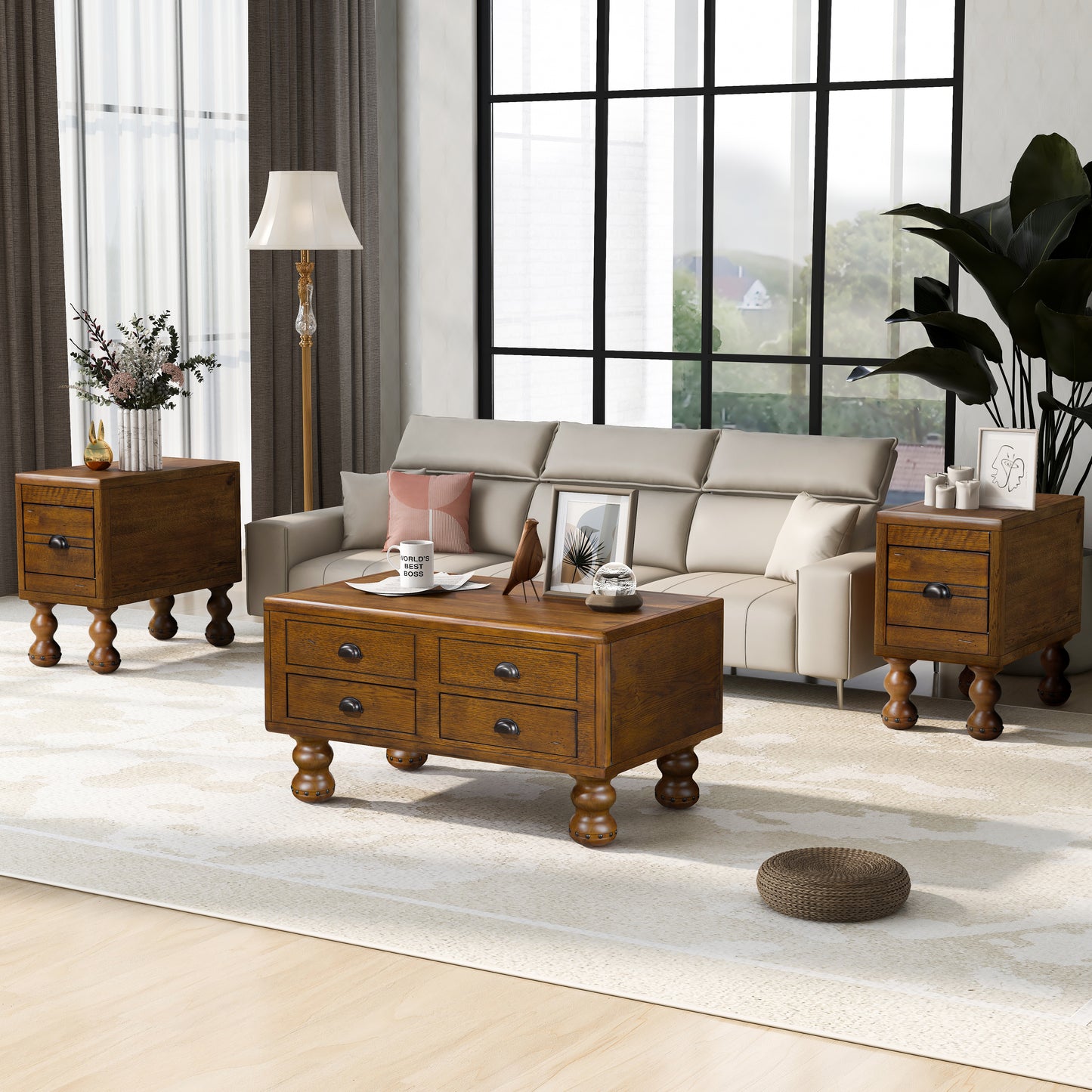 Solid wood coffee table with four drawers and turned legs