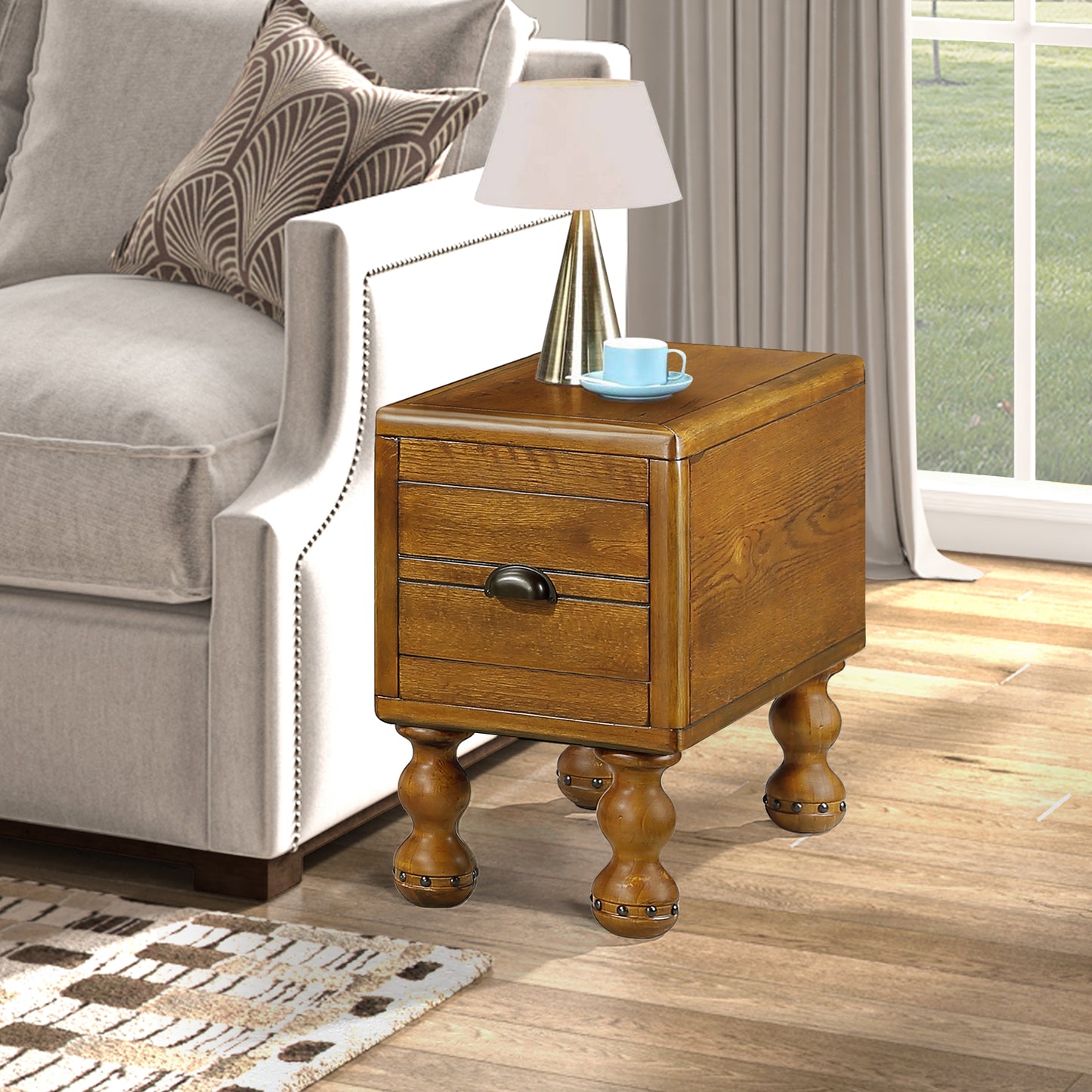 Solid oak bedside table with two drawers and bronze hardware