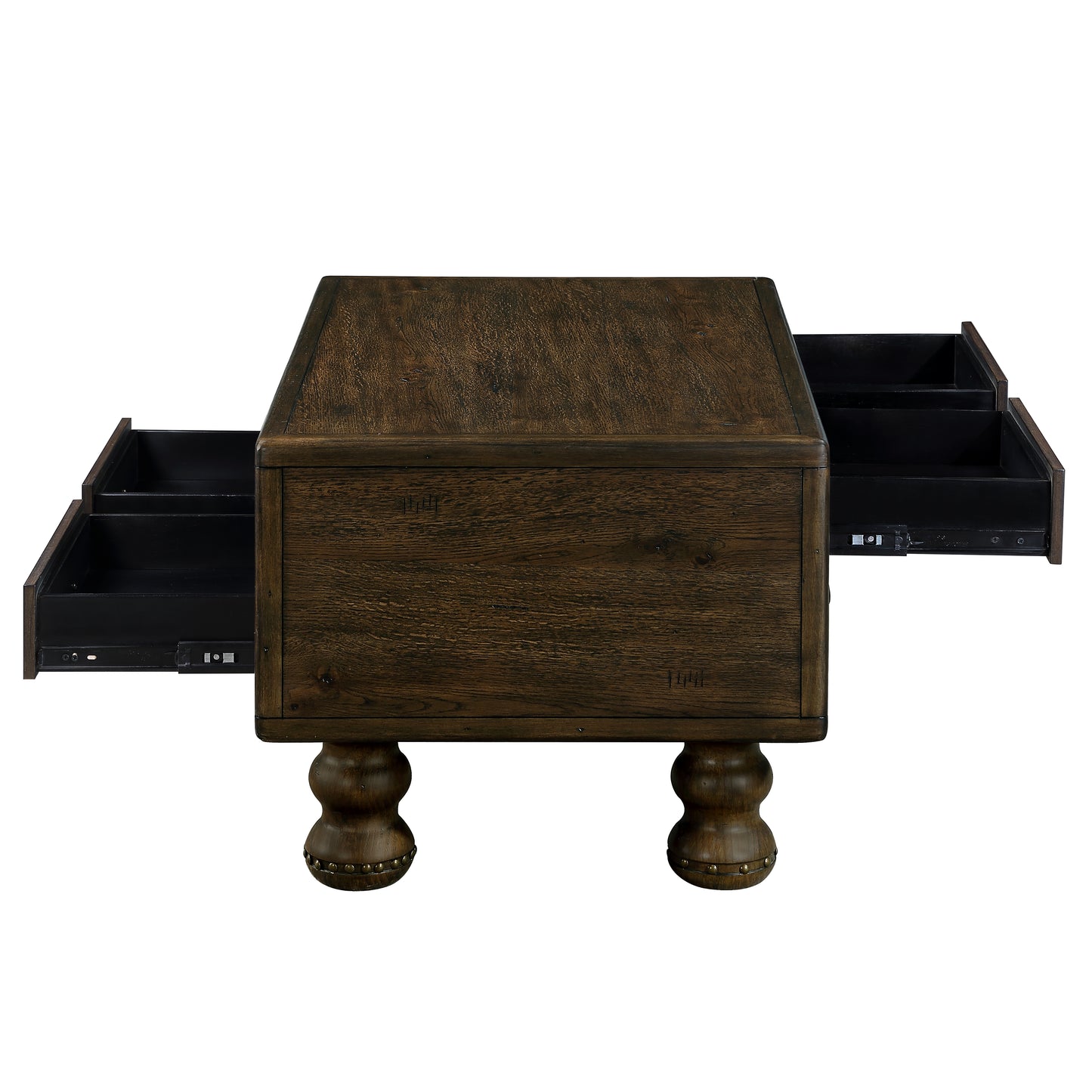 Dark brown oak end table with ballshaped legs and two exposed drawers