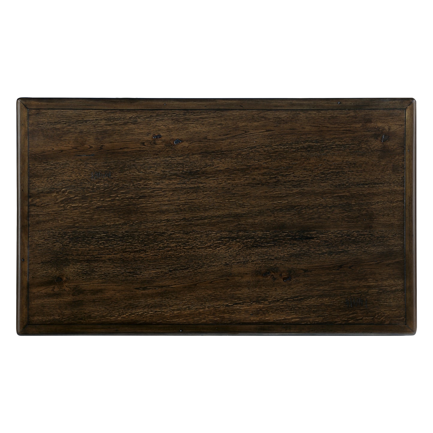 Dark stained oak wood table top with visible grain and knots