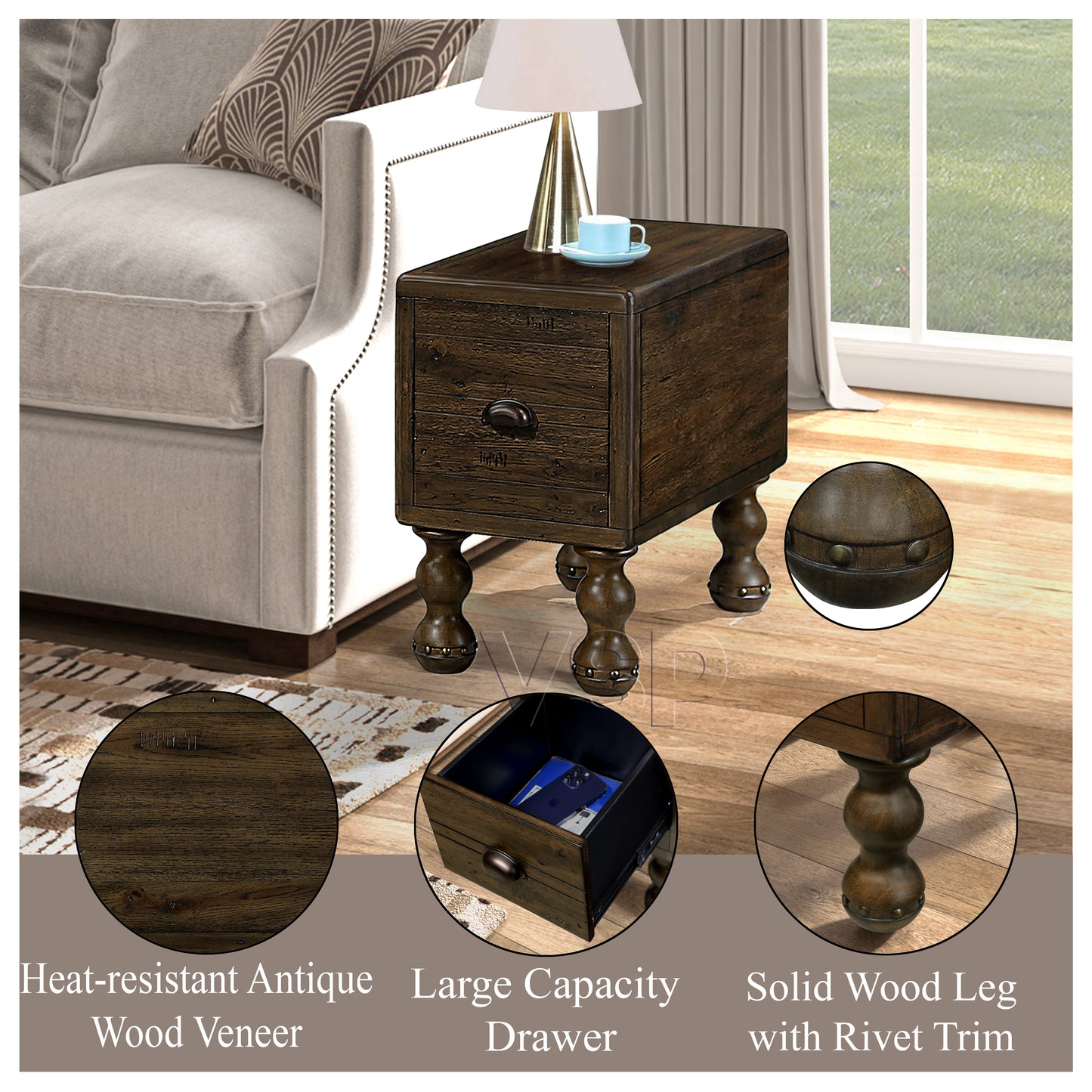 Dark brown wood end table with a drawer and ornate legs