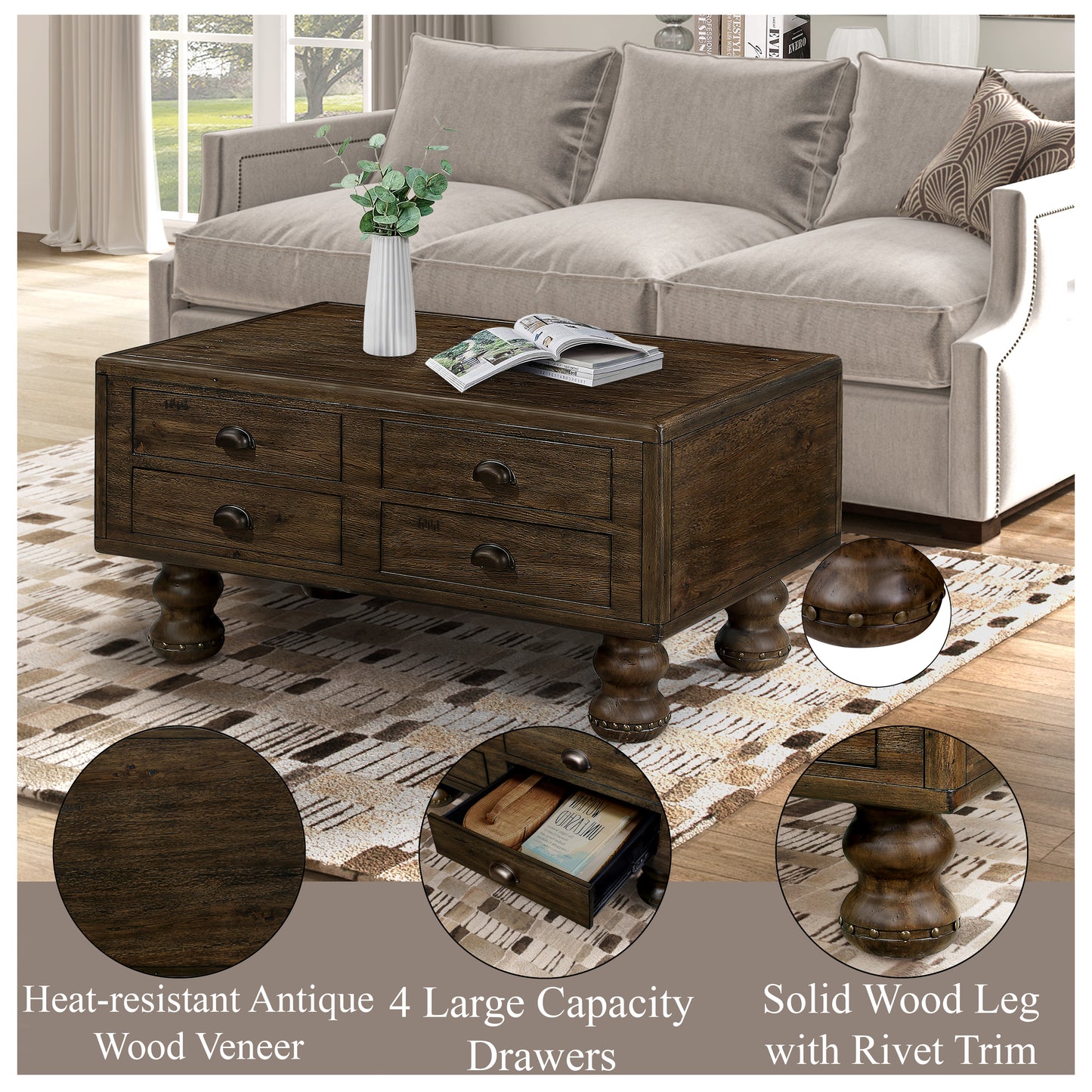 Antique dark wood coffee table with four drawers