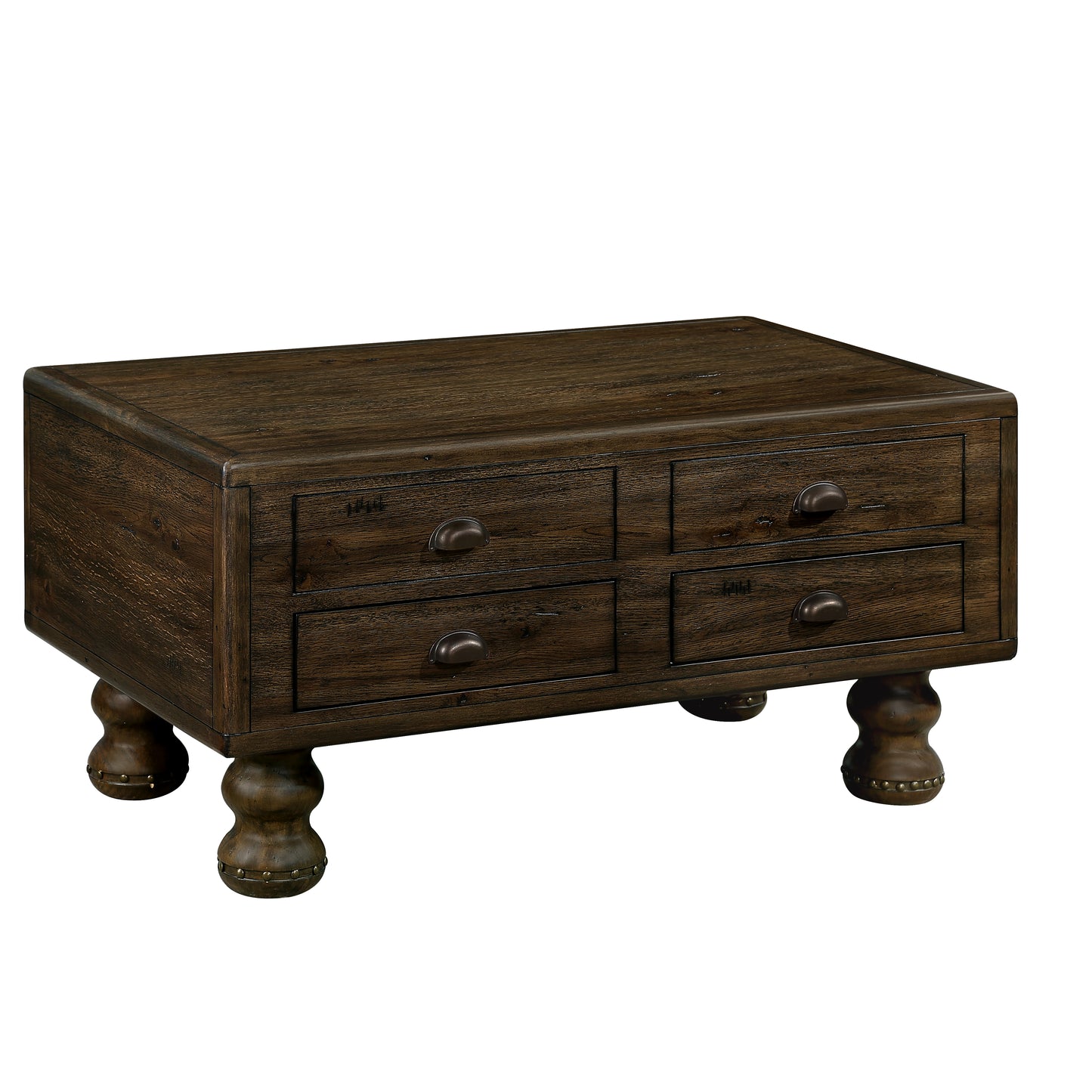 Dark oak coffee table with four drawers and turned legs