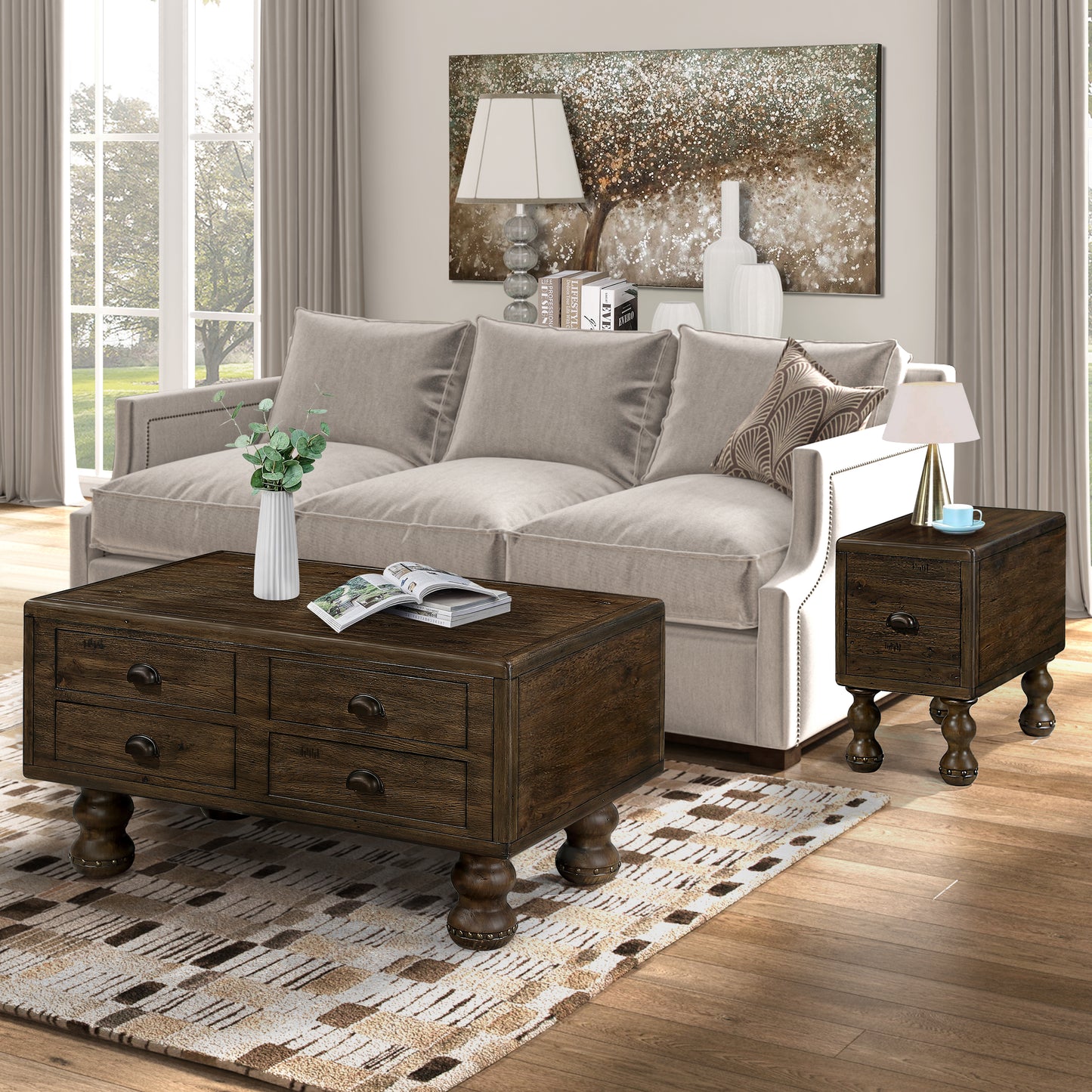 Rustic dark wood coffee table with four drawers and metal cup pulls