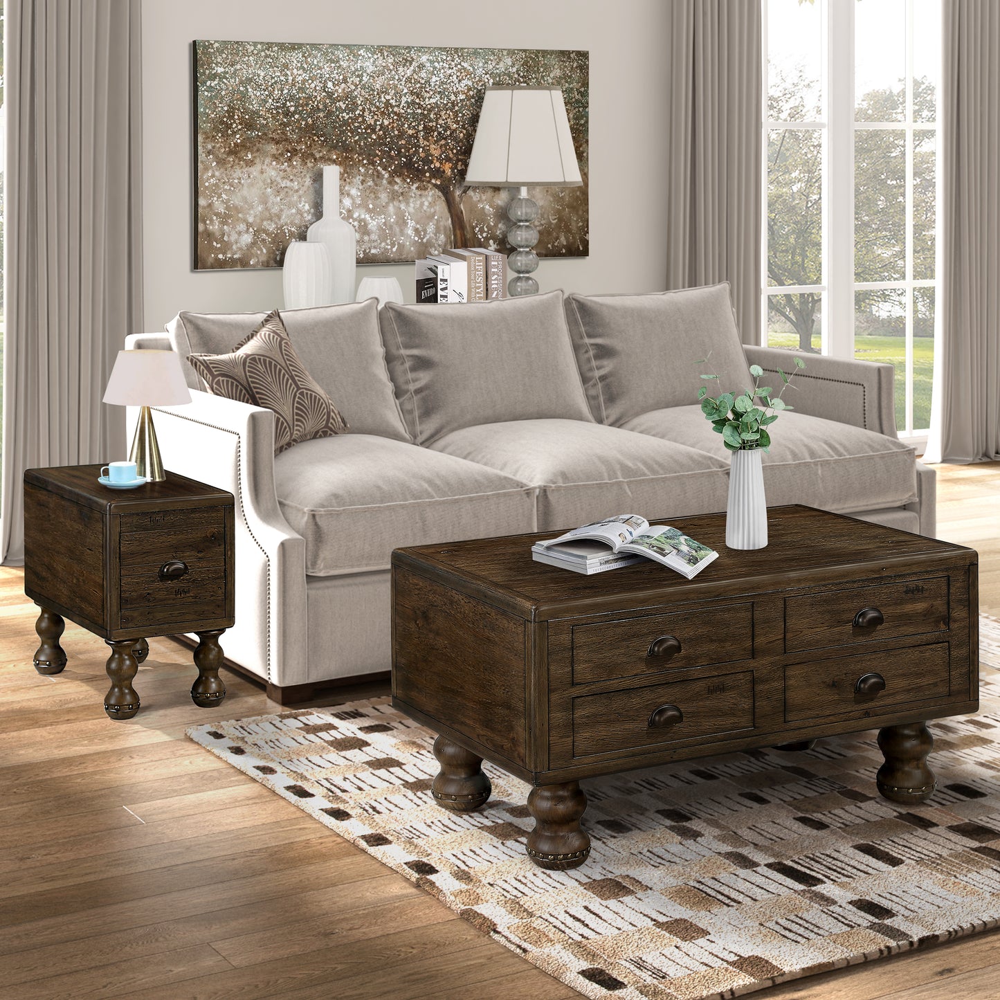 Dark wood rectangular coffee table with four drawers and ornate legs