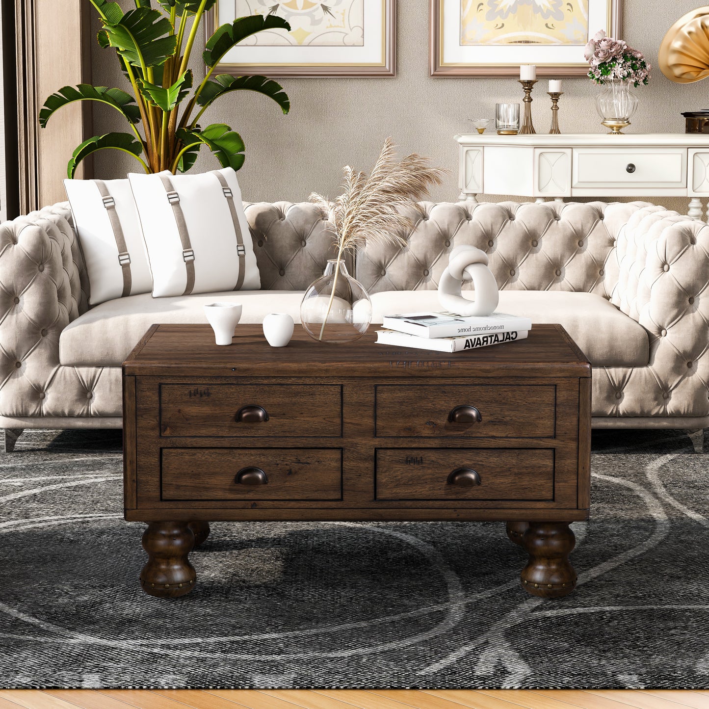 Rustic dark wood coffee table with four drawers and antique brass cup pulls