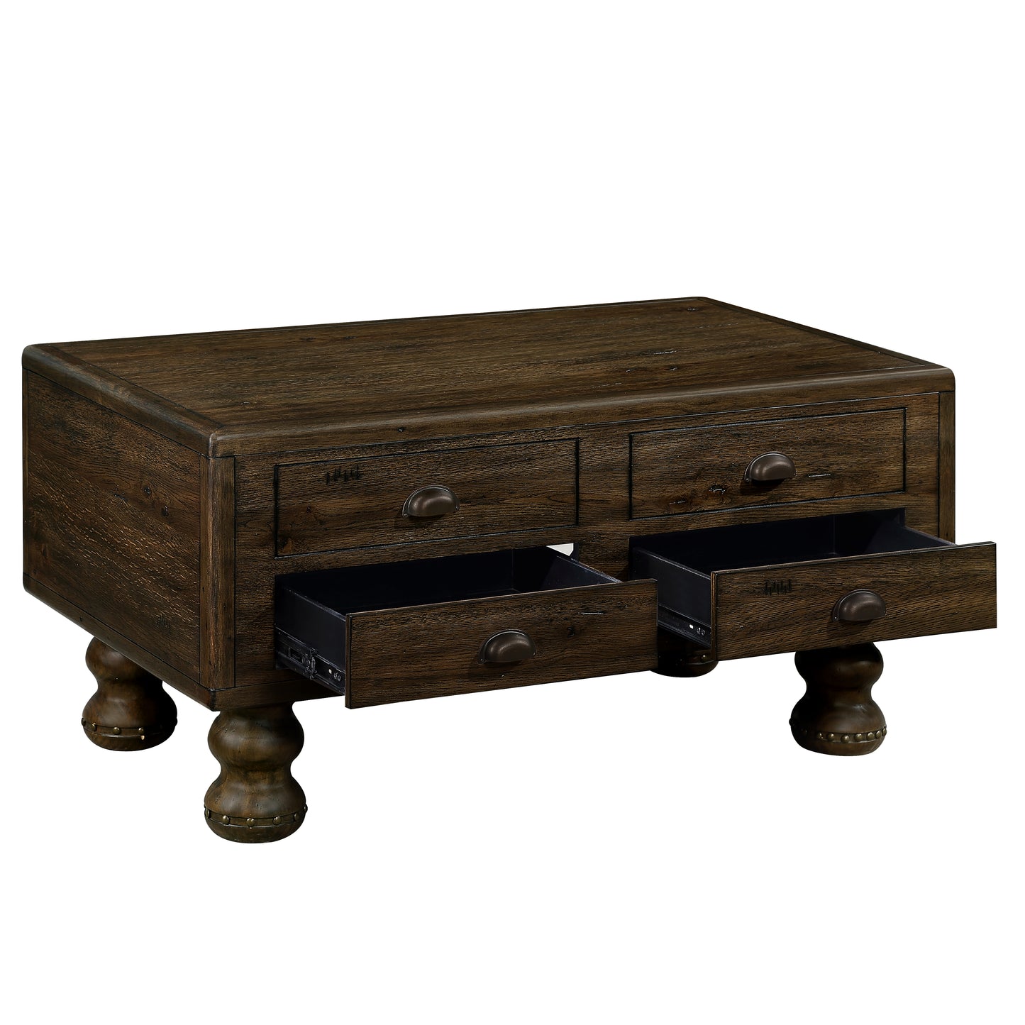 Dark brown reclaimed wood coffee table with four drawers and turned legs