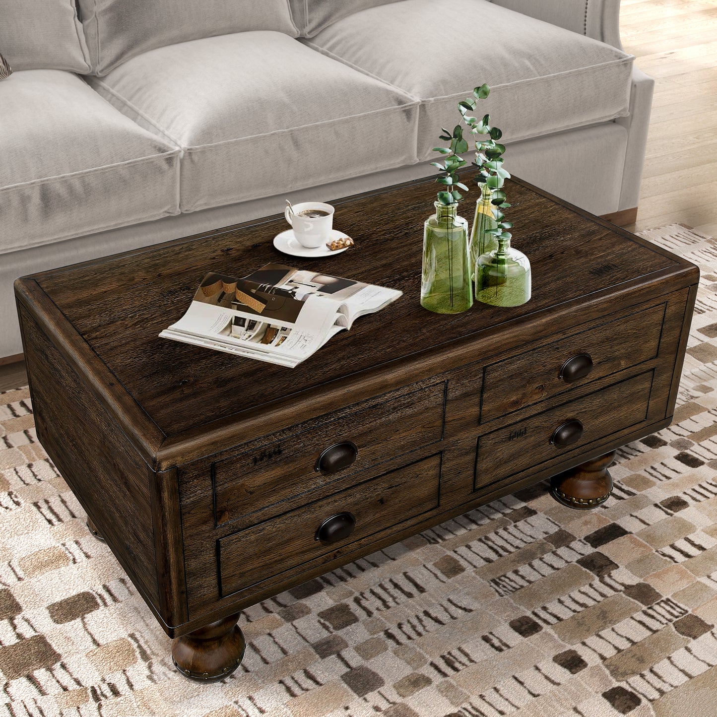 Rustic dark wood coffee table with six drawers and brass hardware