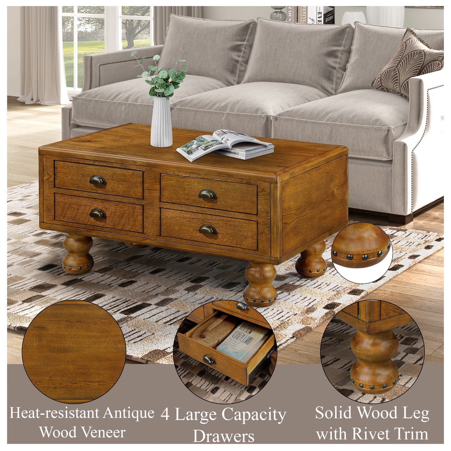 Antique oak coffee table with four drawers and brass hardware