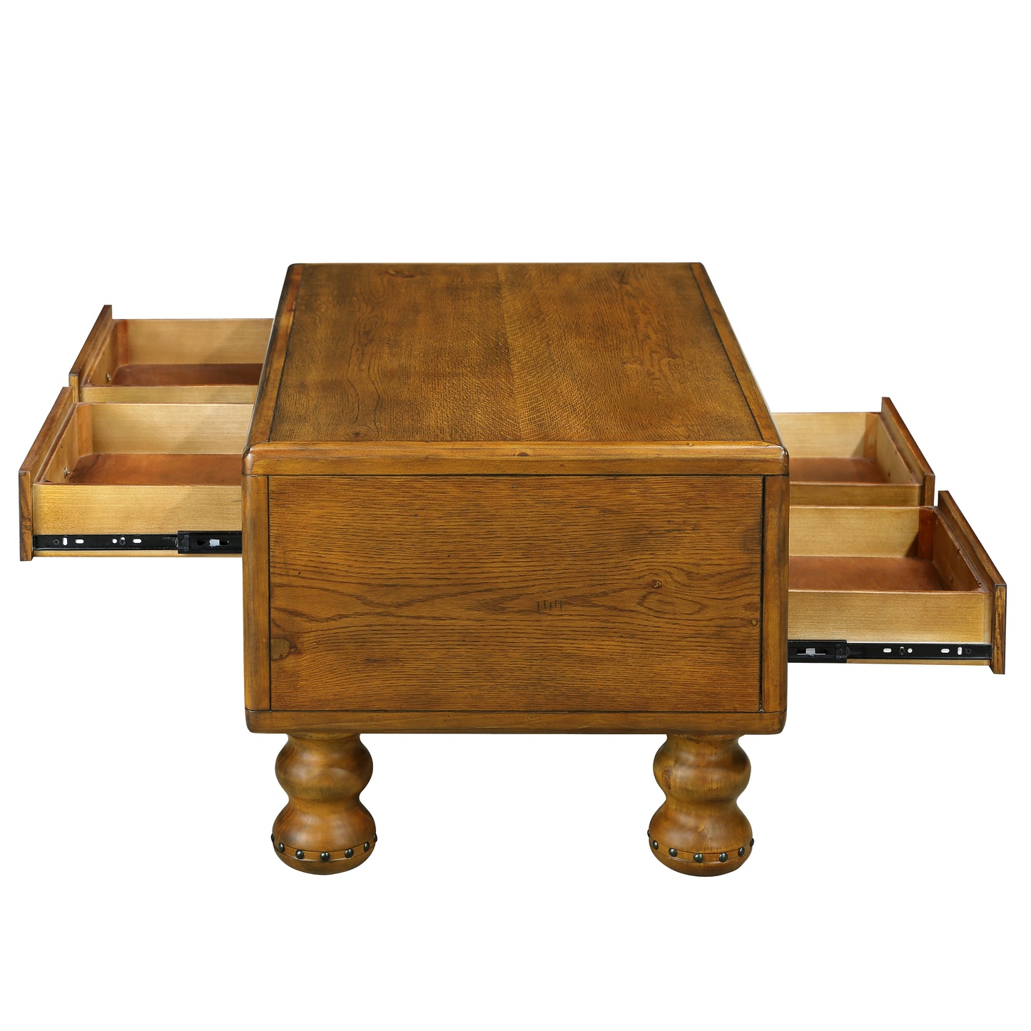 Rustic oak end table with three exposed drawers and decorative nailhead trim on legs
