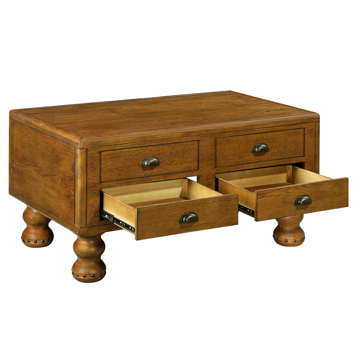 Rustic oak coffee table with four drawers and decorative legs