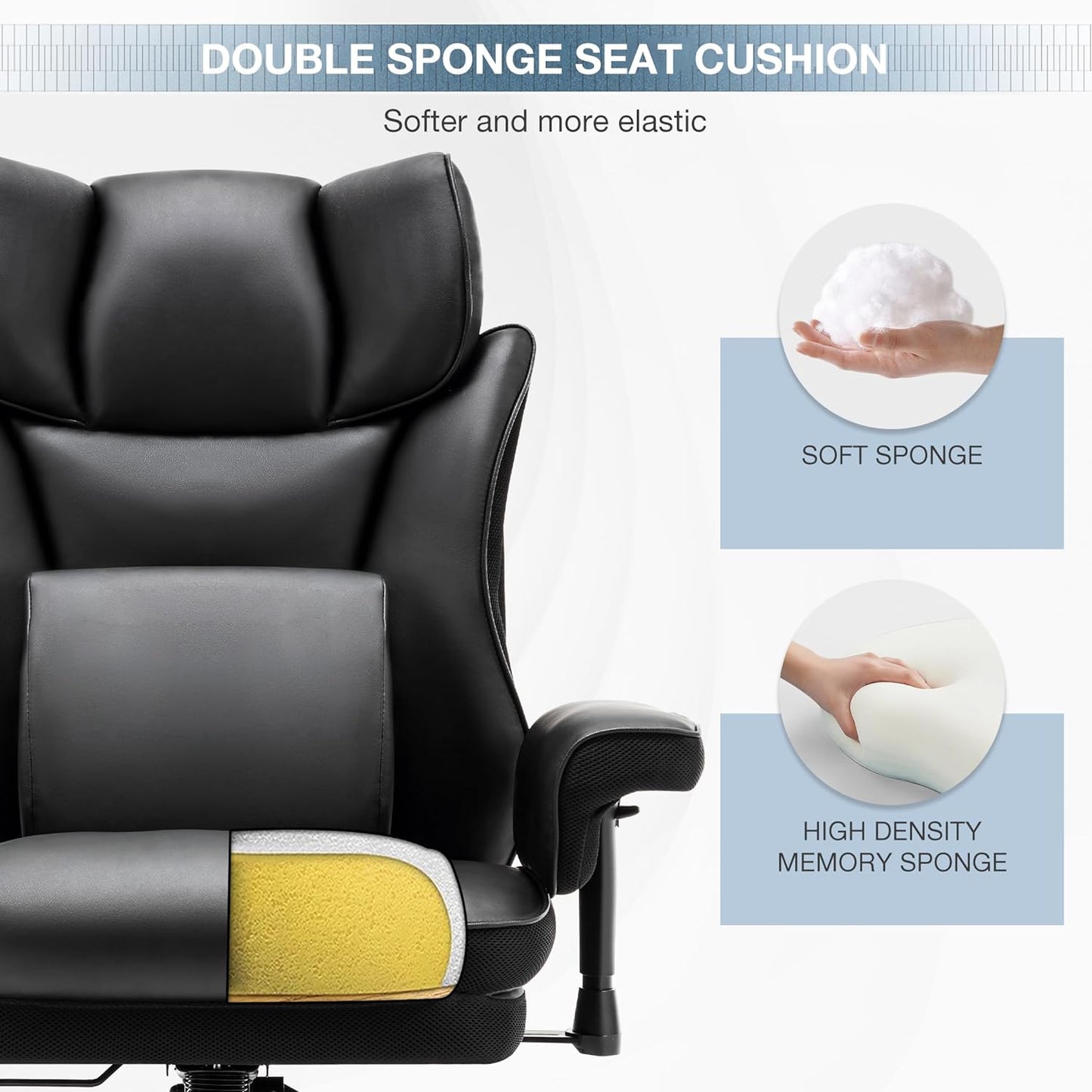 Black ergonomic office chair with a cutaway seat showing soft and memory foam