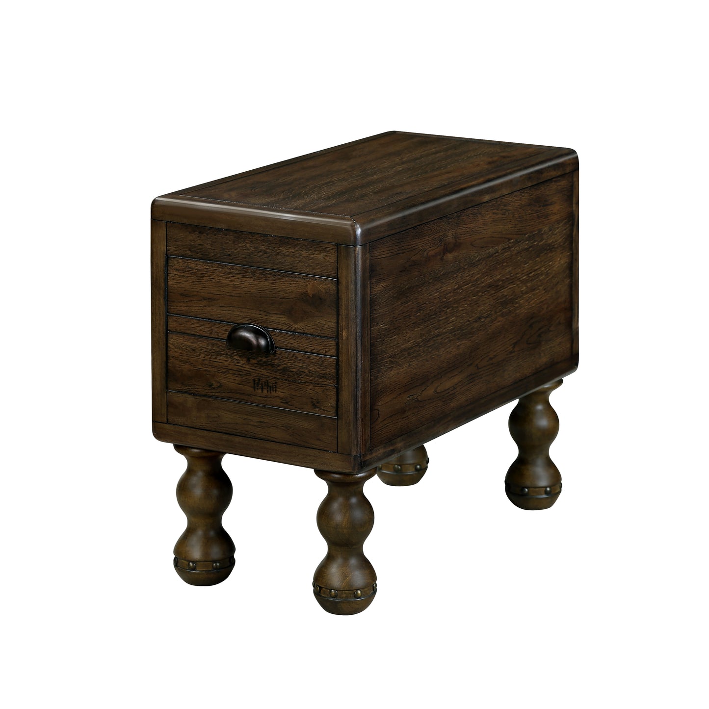 Dark wood accent table with carved legs and one drawer