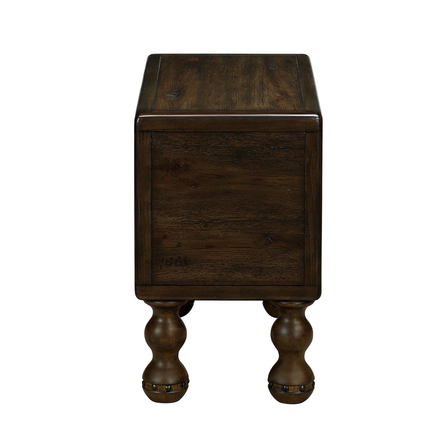 Dark wood end table with turned legs and ornate nailhead trim