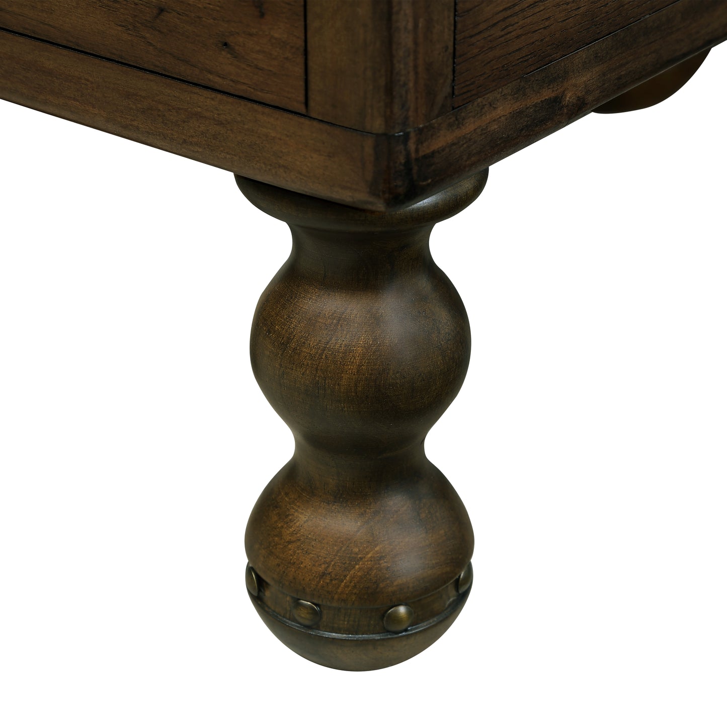 Rustic dark wood furniture leg with metal rivets detail
