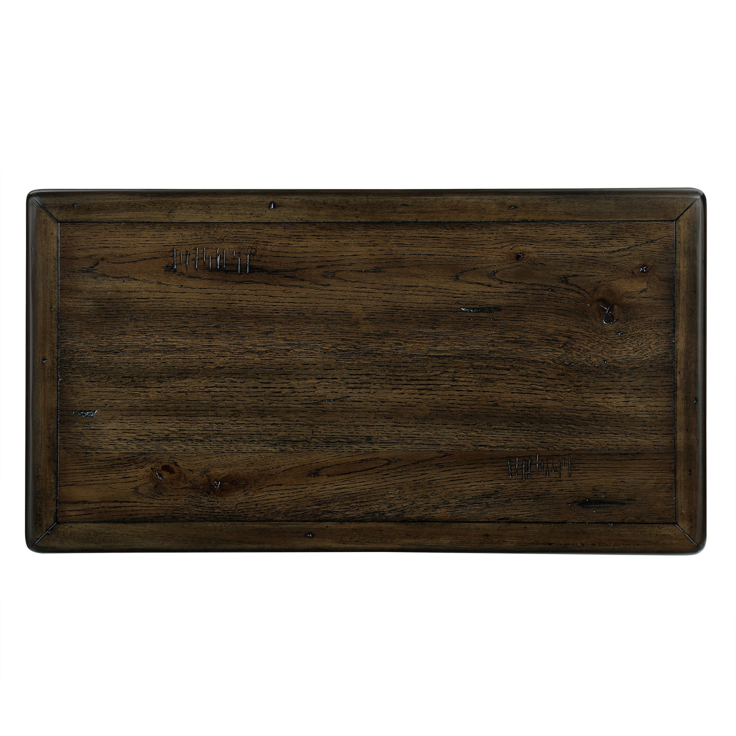 Dark oak wood table top with distressed finish and beveled edges featuring visible wood grain