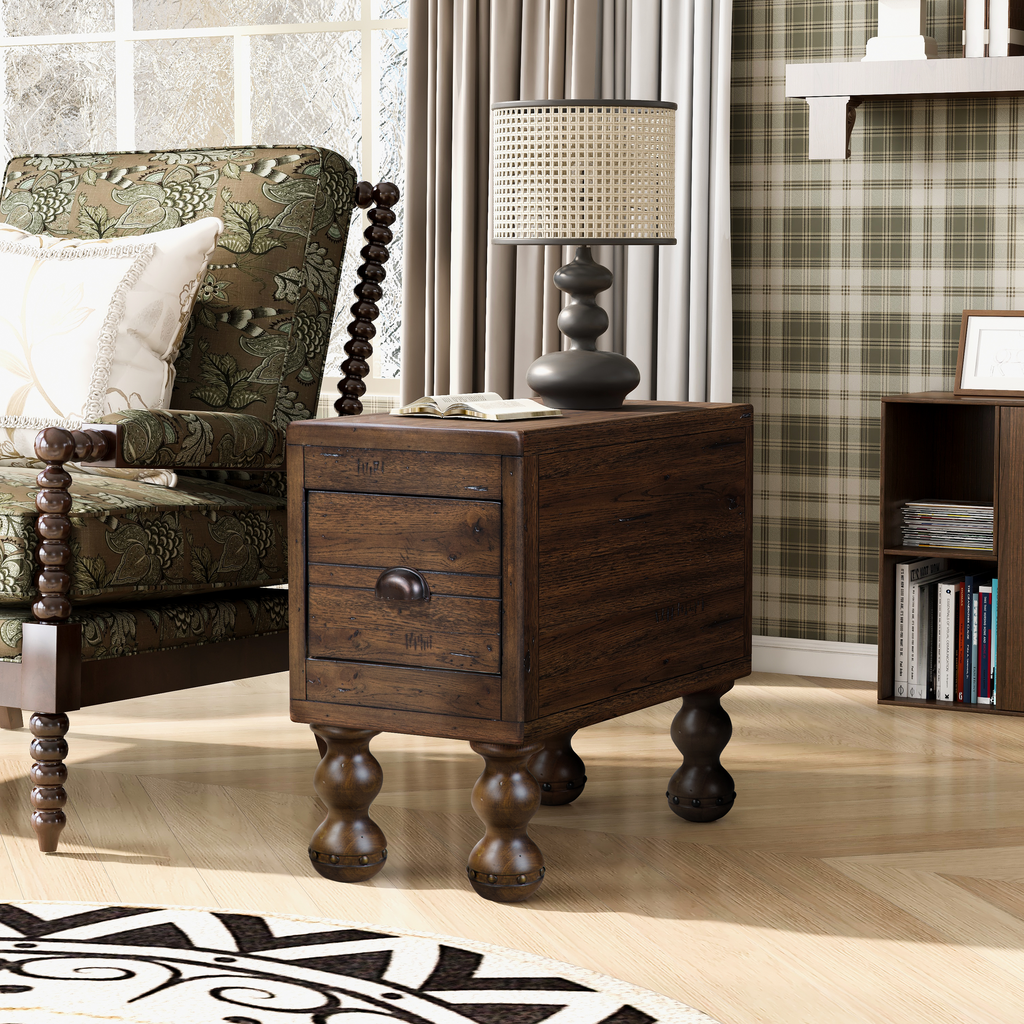 Rustic wood end table with a single drawer and antique brass pull