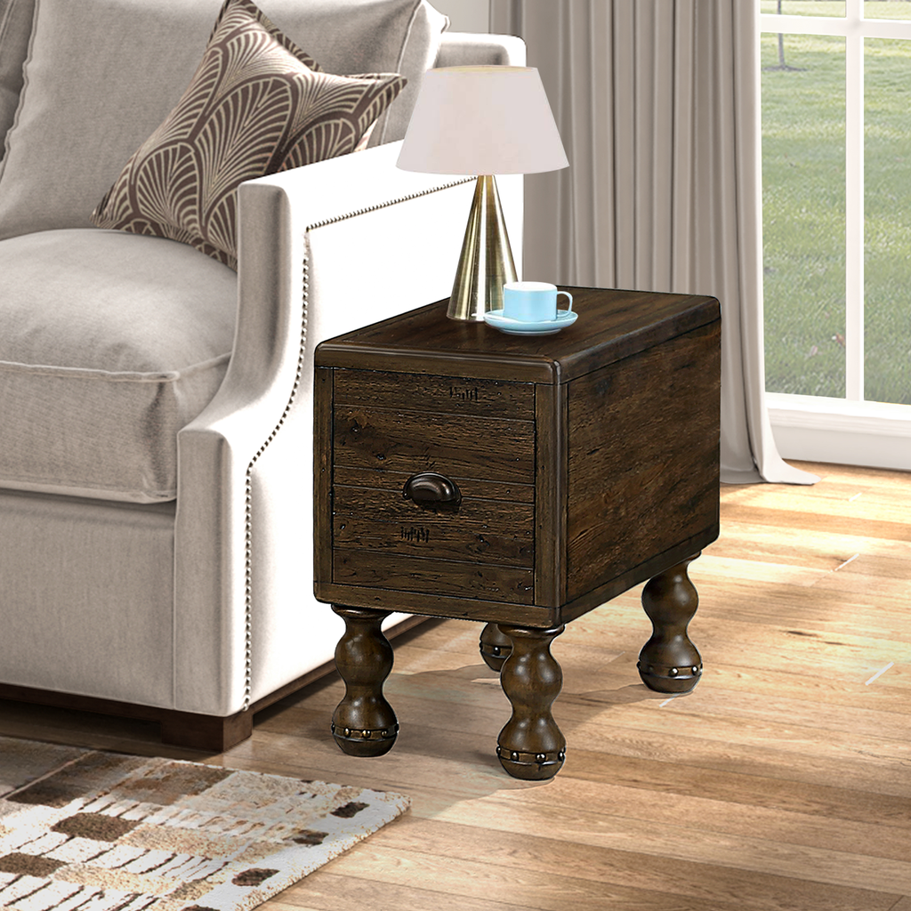 Rustic dark wood end table with one drawer and decorative turned legs