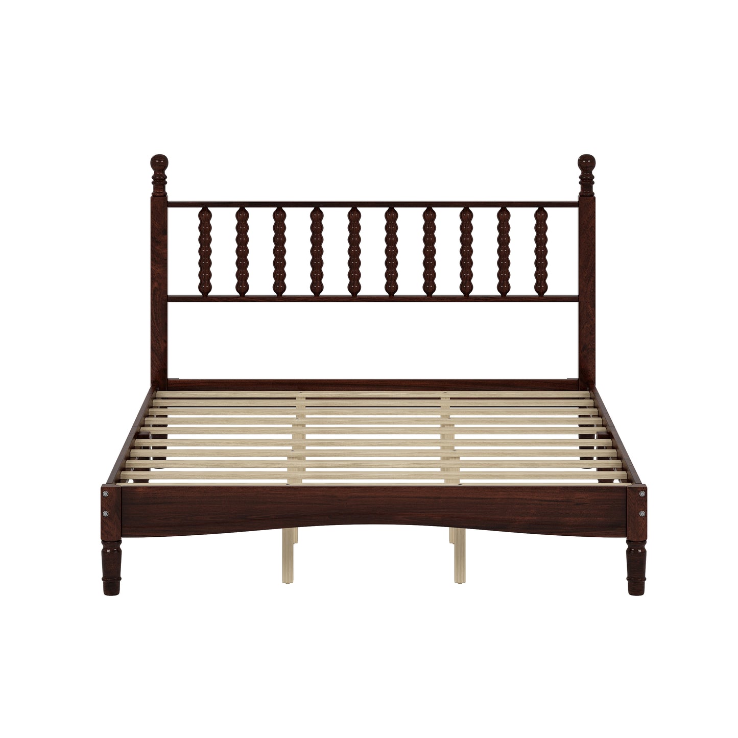 Dark wood spindle headboard bed frame with slat support