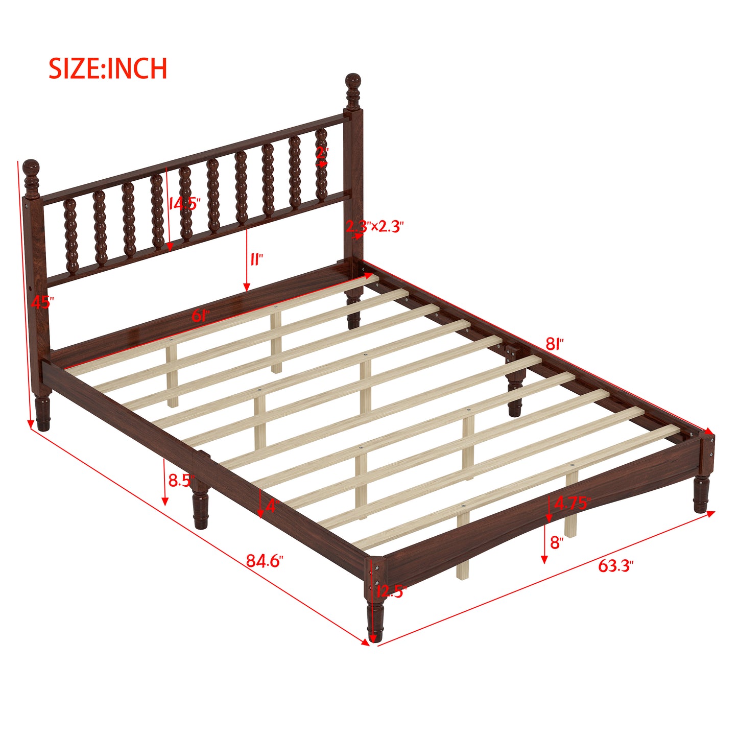 Dark wood spindle bed frame with dimensions shown