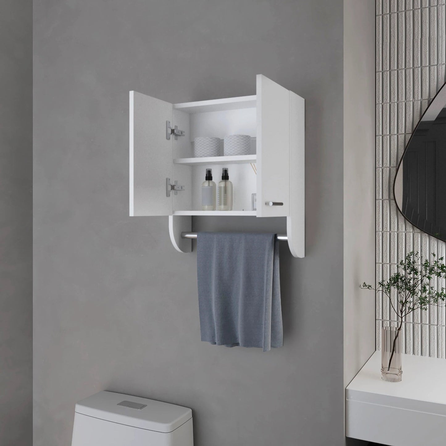 White modern bathroom medicine cabinet with open doors and towel bar