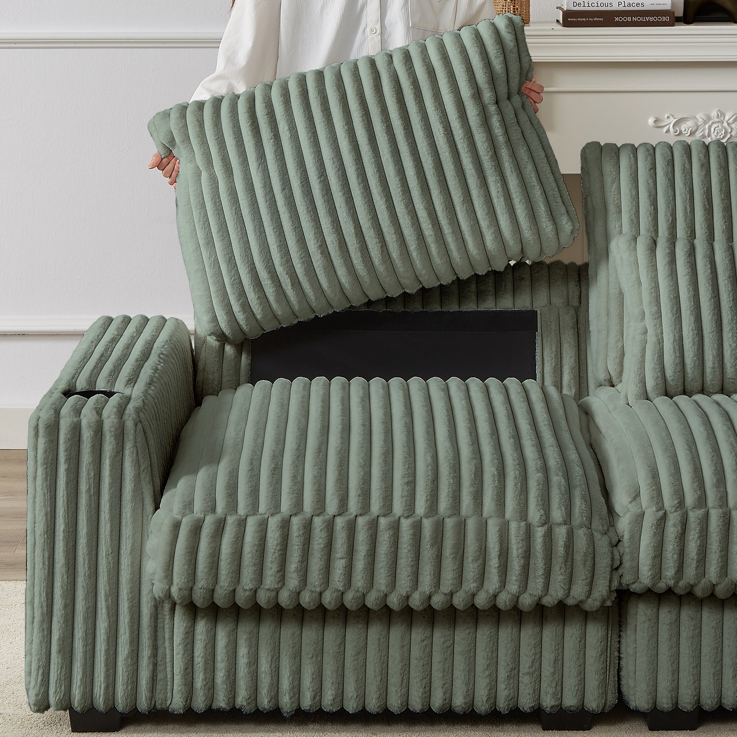 Sage green plush corduroy sofa with removable cushions