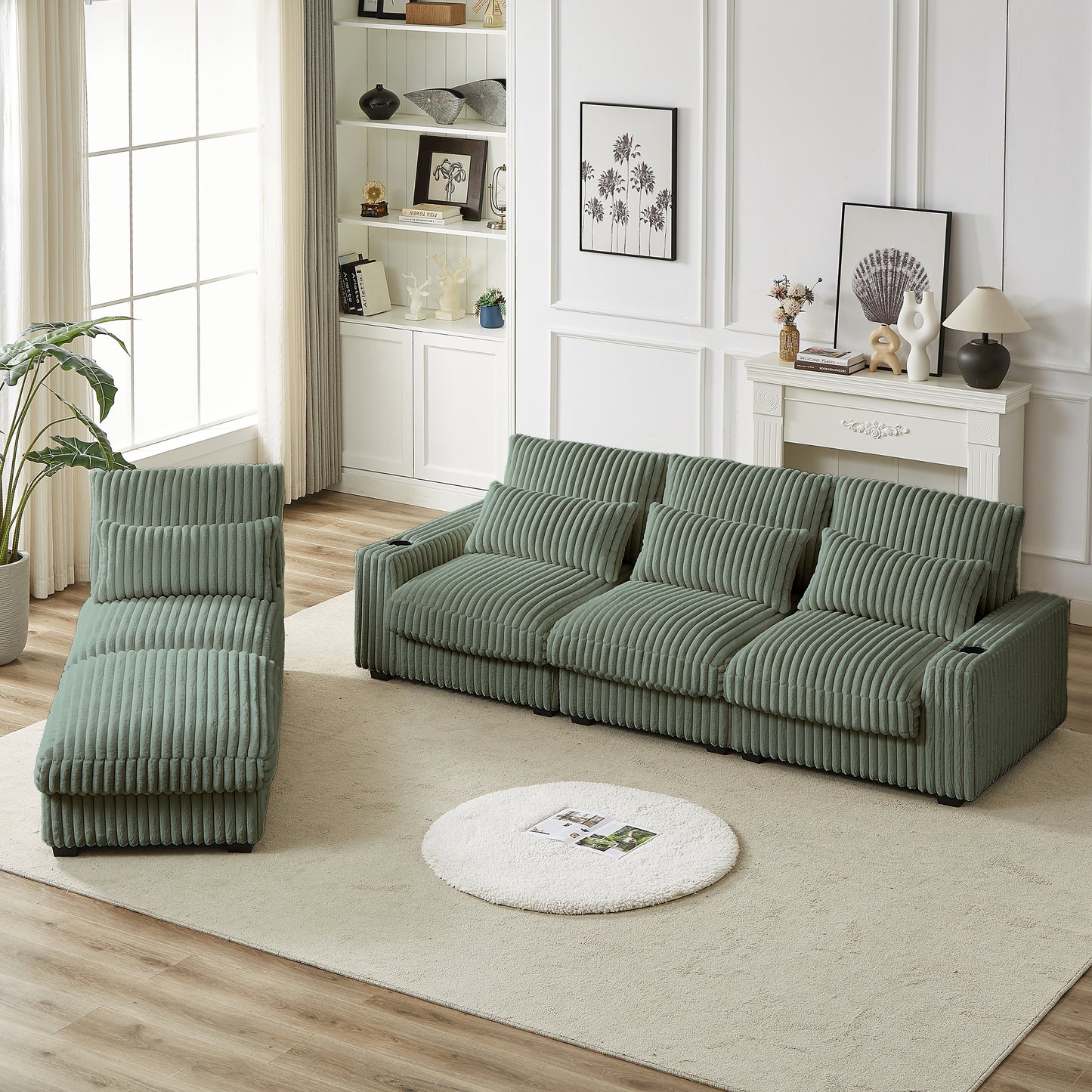 Sage green corduroy sectional sofa with plush pillows and integrated cup holders