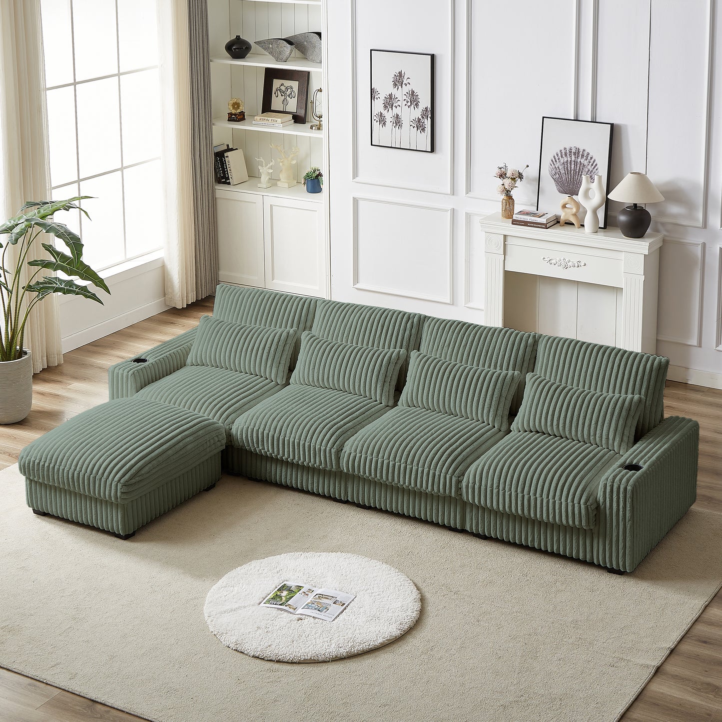 Sage green corduroy sectional sofa with reversible chaise and plush cushions perfect for living rooms
