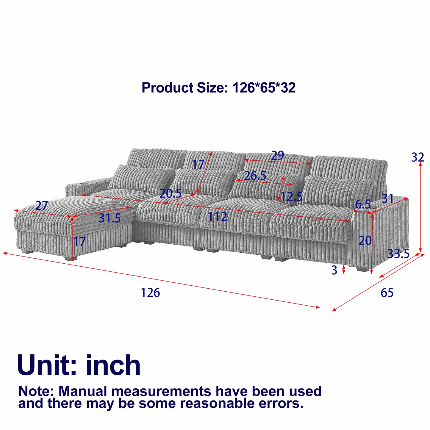Gray corduroy sectional sofa with chaise inch length