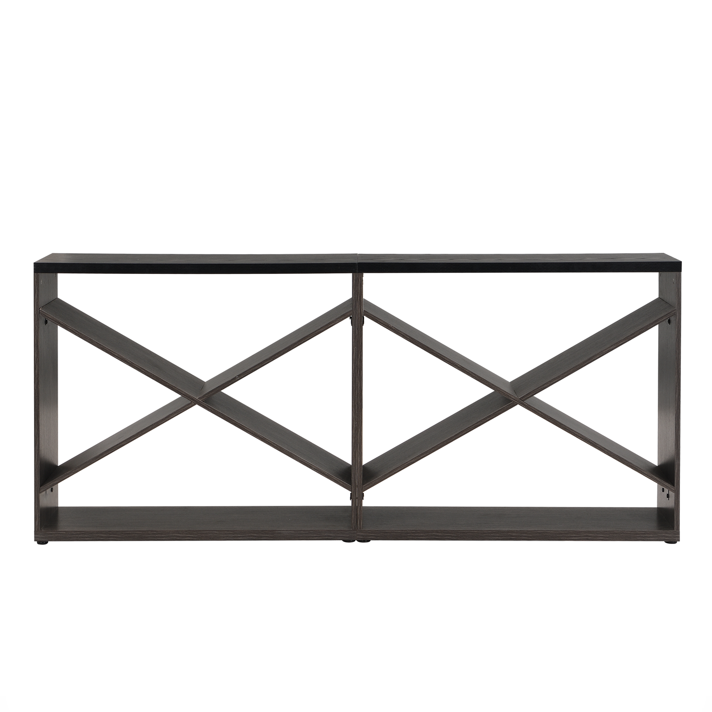 Dark wood console table with geometric Xframe shelves