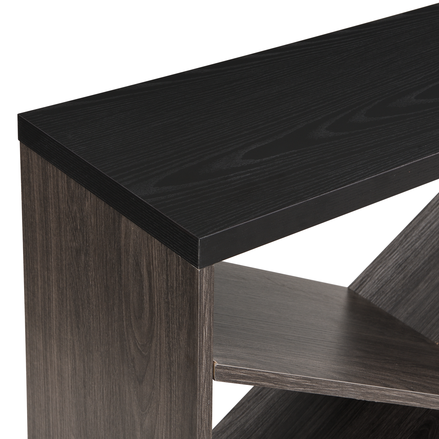 Dark oak veneer TV stand with black laminate top