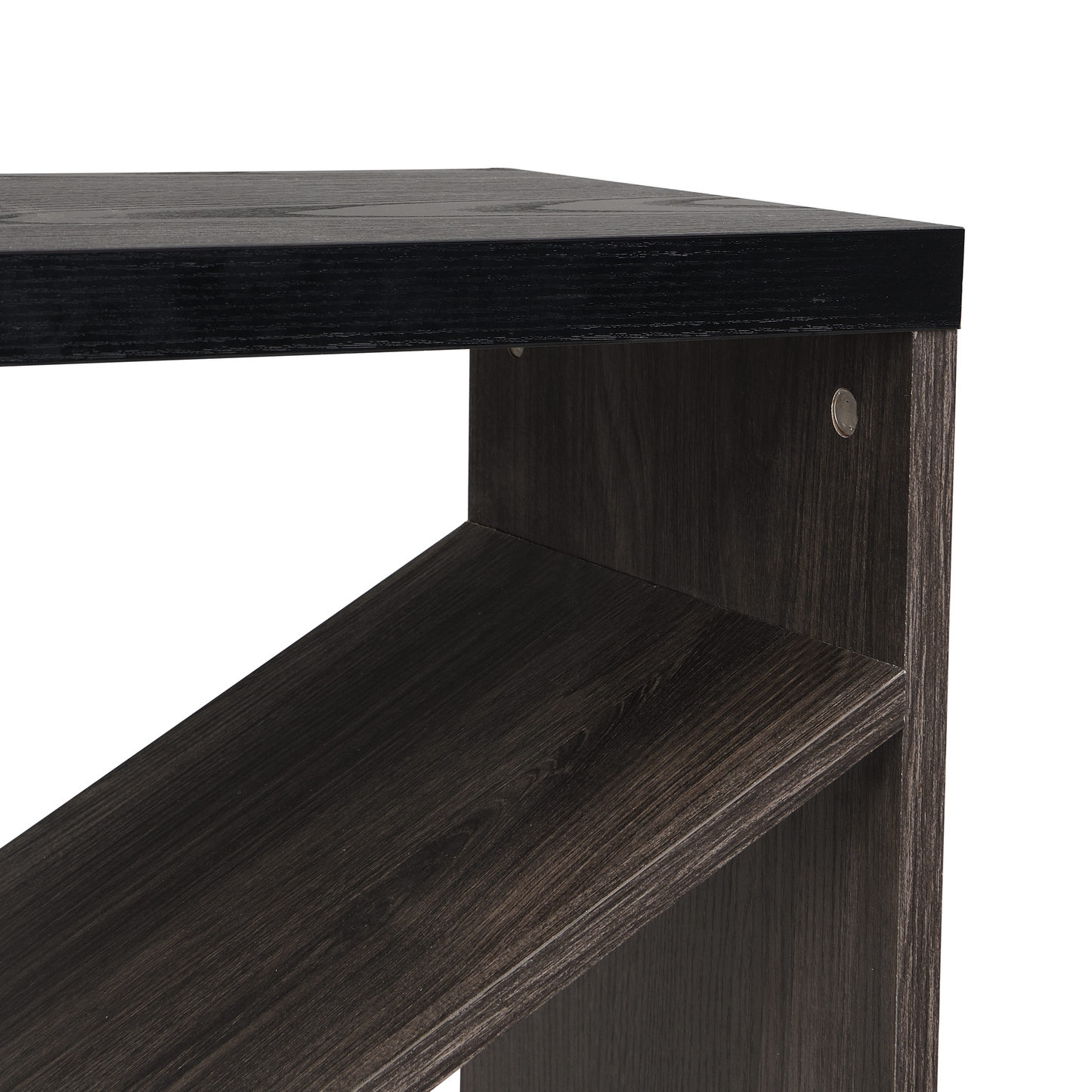 Black oak veneer bookshelf corner detail