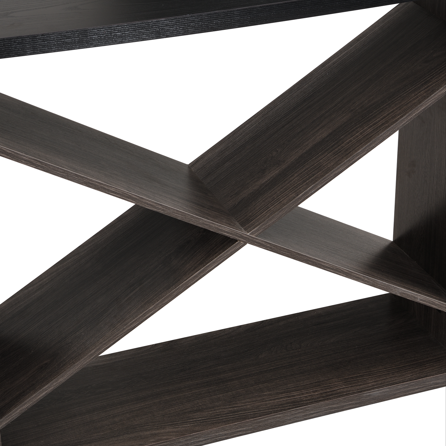 Dark wood modern shelf with intersecting design