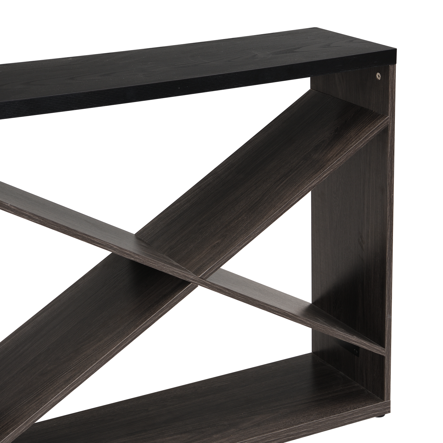 Modern dark wood bookshelf with intersecting shelves