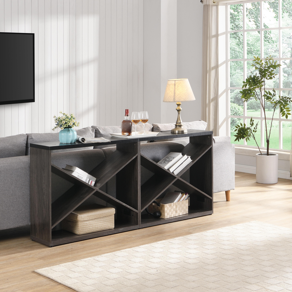 Dark wood wine rack console table with diamond shelves