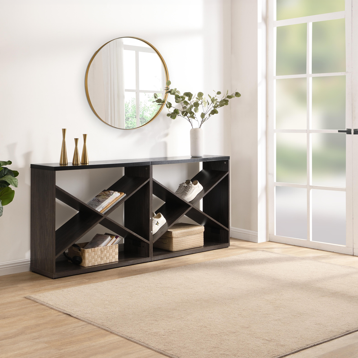 Dark wood wine rack with Xshaped shelves holding books and shoes