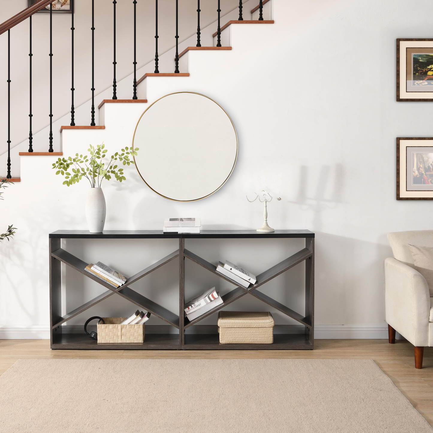 Dark wood entryway table with geometric shelf design