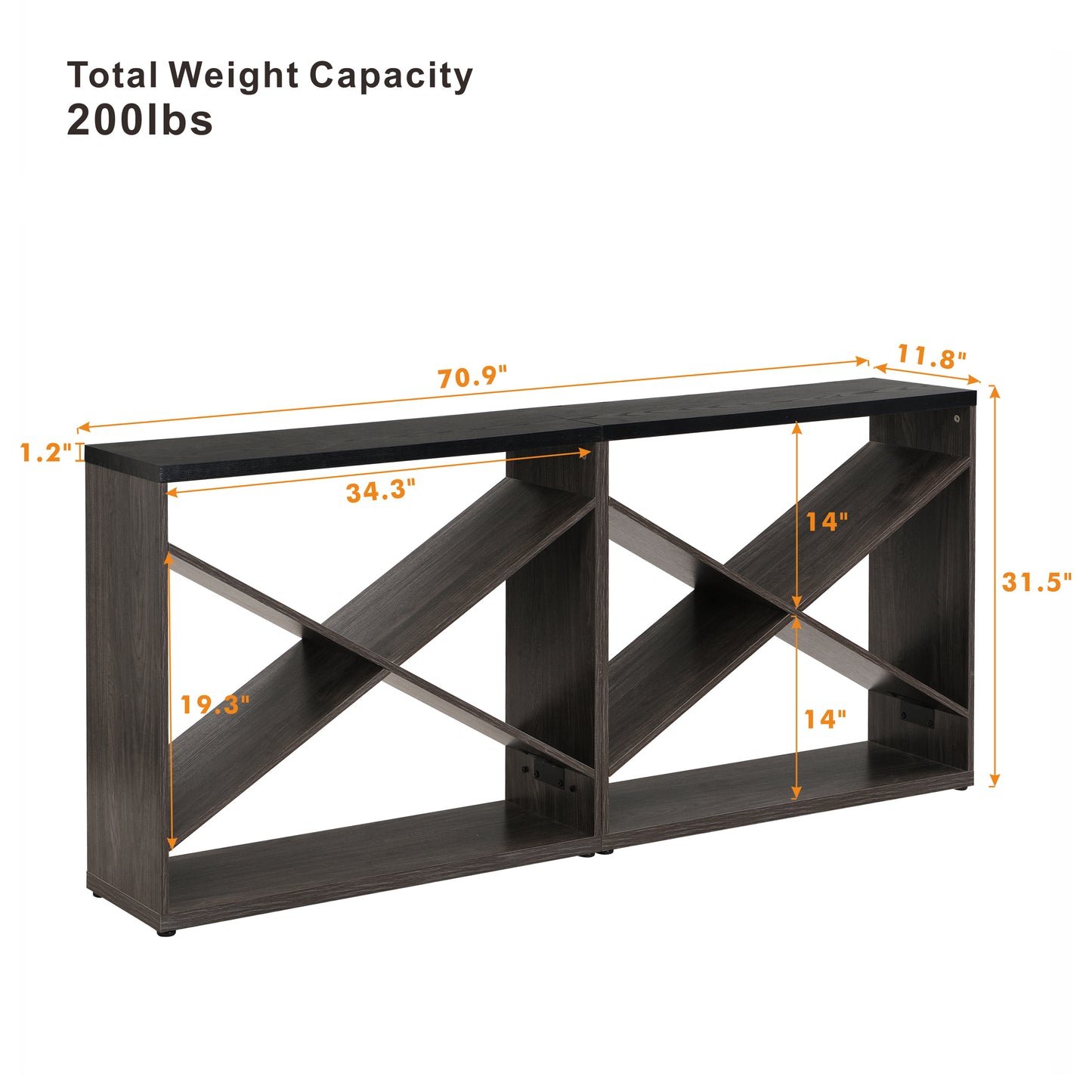 Dark wood entryway table with angled shelves and a black top long