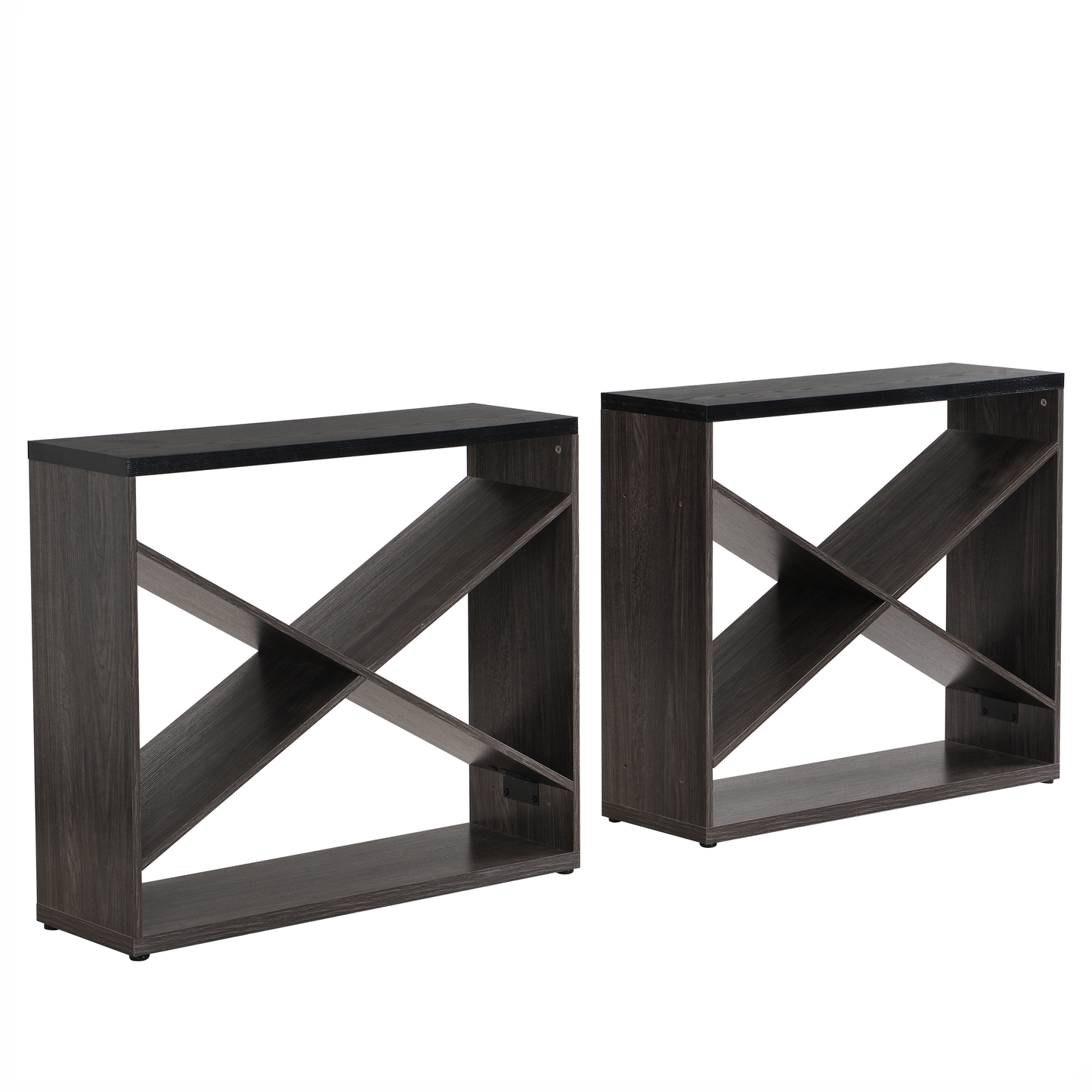 Dark grey wooden console table with crisscross shelves