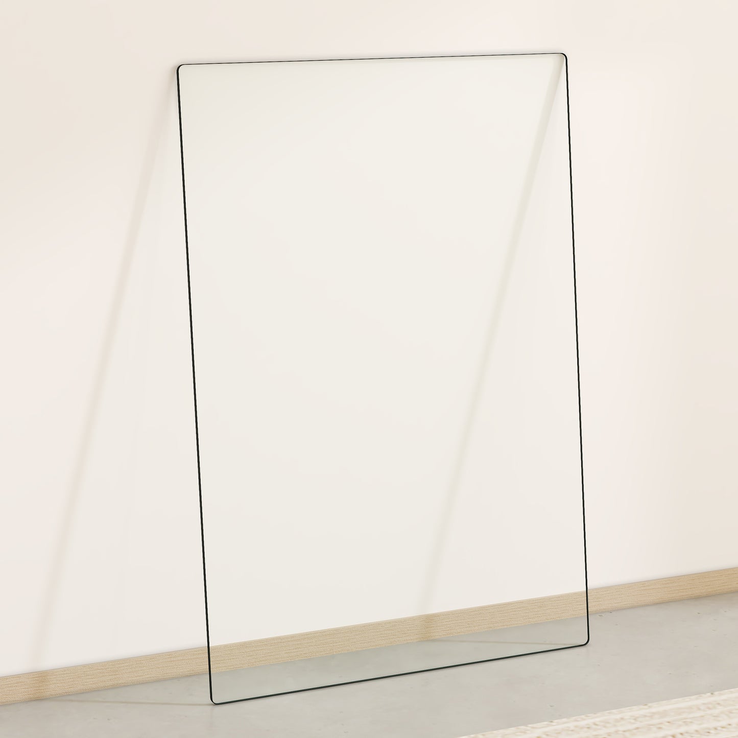 Tall frameless leaning mirror with thin black trim