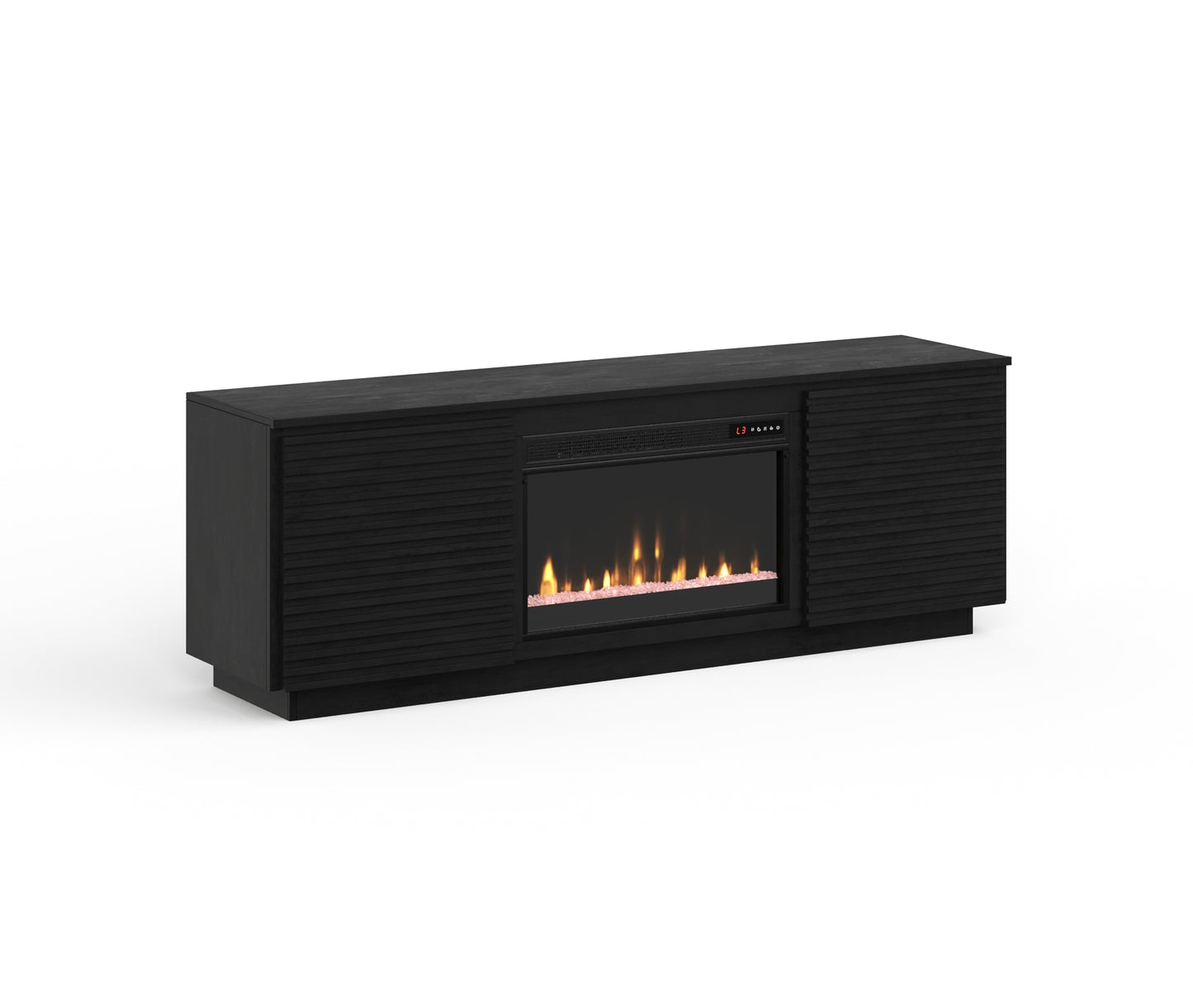 Black modern media console with builtin electric fireplace