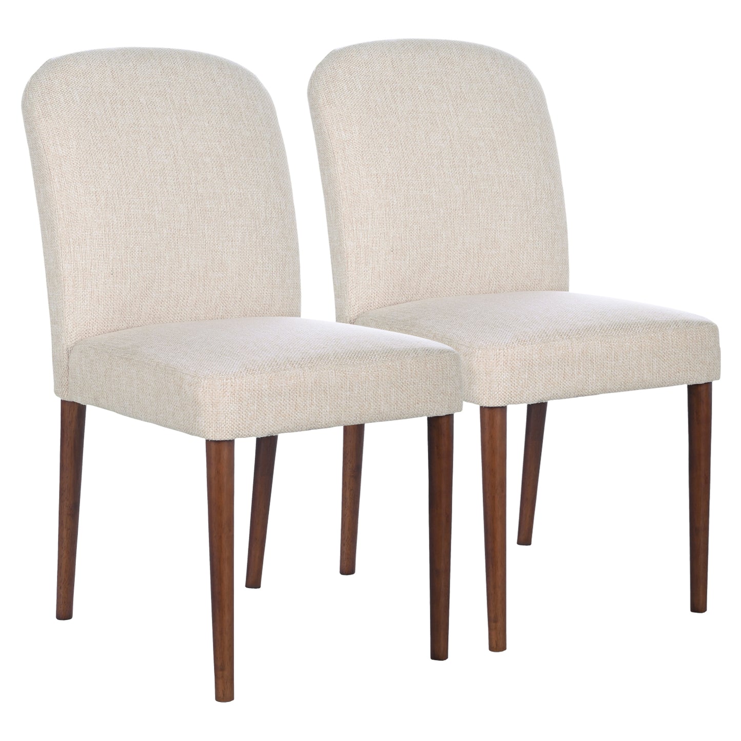Two natural linen dining chairs with tapered wood legs