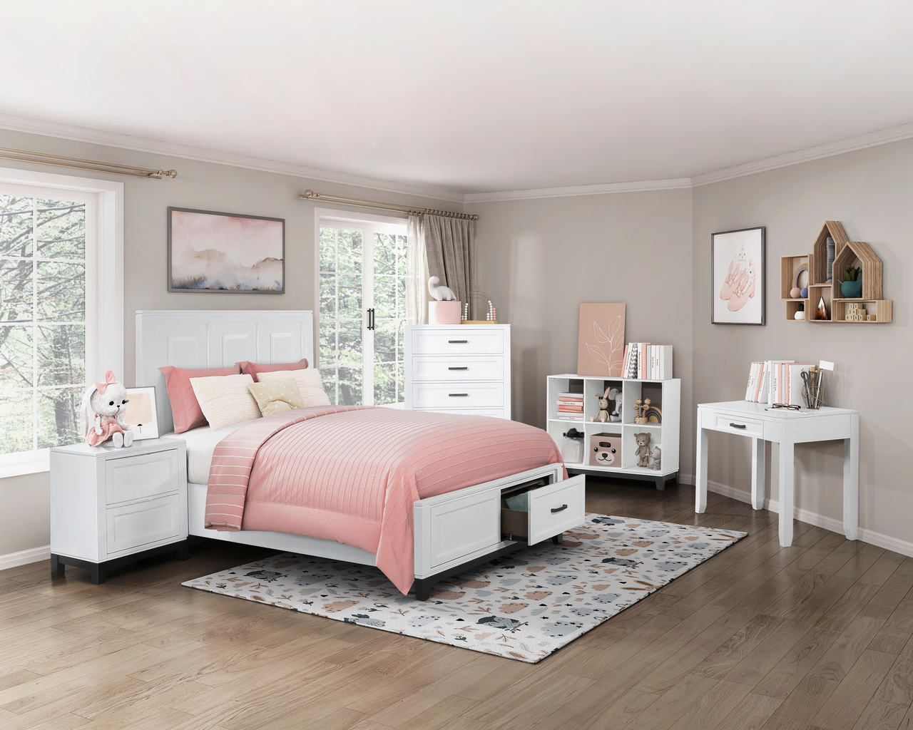 Modern white bedroom set with pink bedding