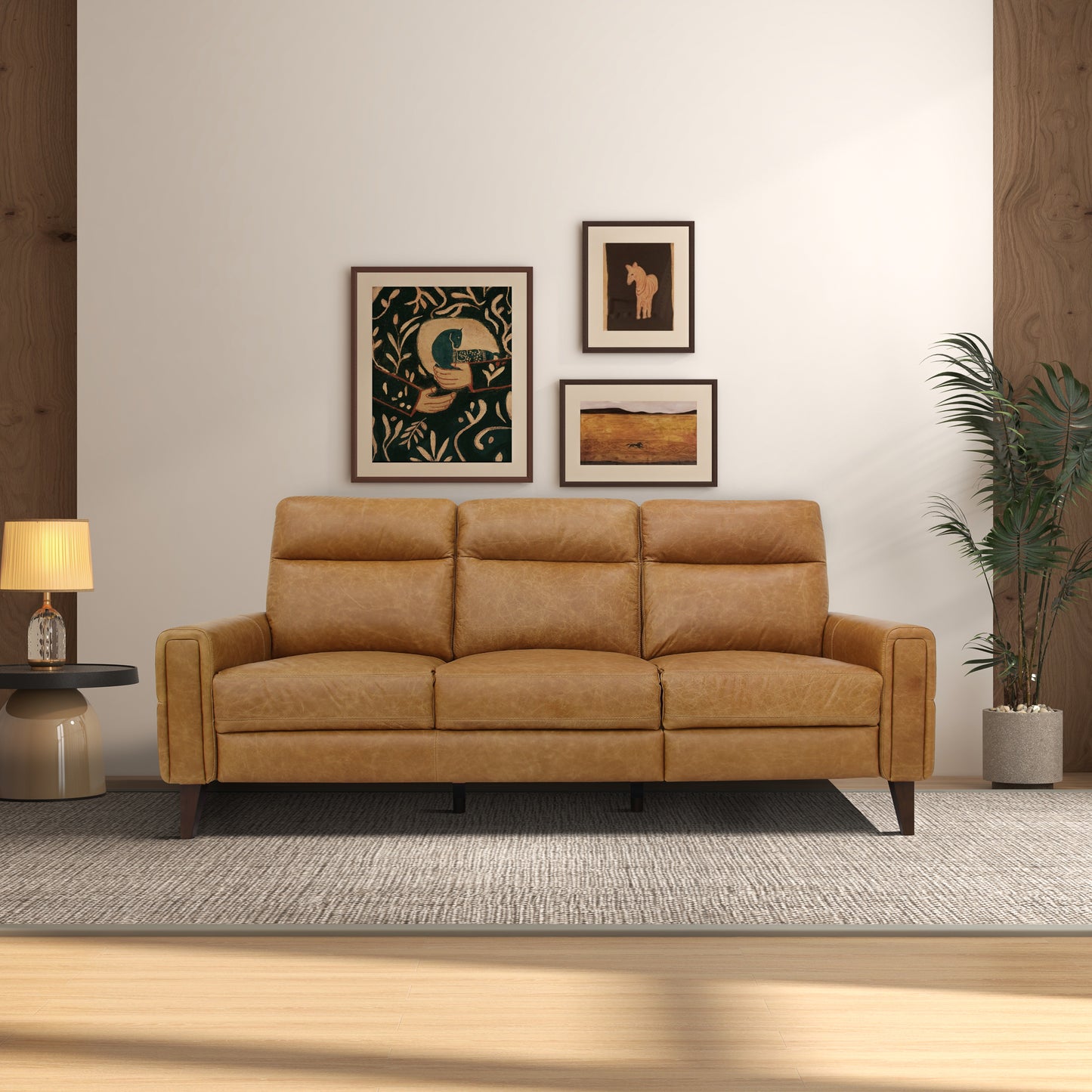 Tan leather seater sofa with tufted cushions
