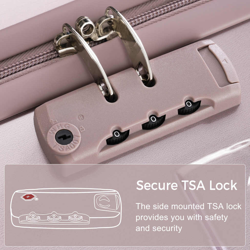 Closeup of a rose gold TSA lock on a suitcase
