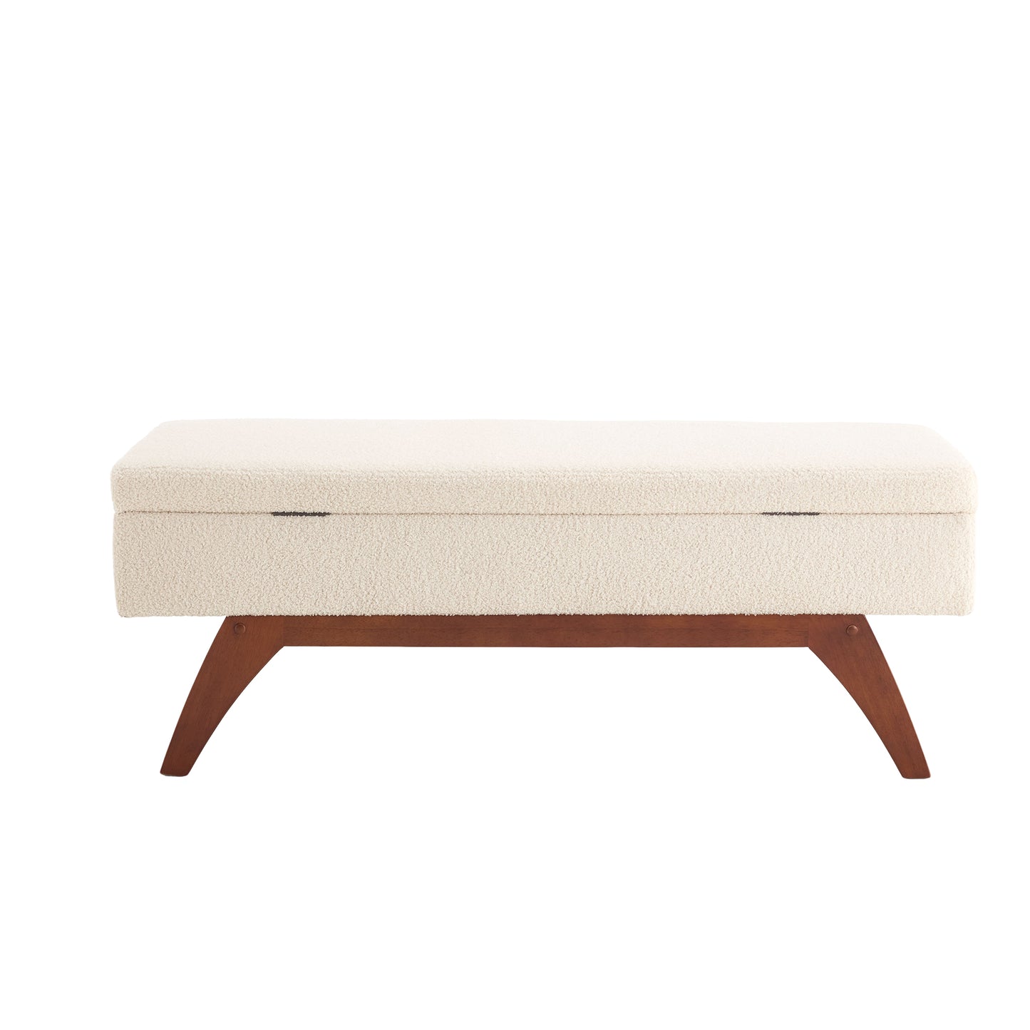 Cream sherpa storage bench with midcentury modern wood legs